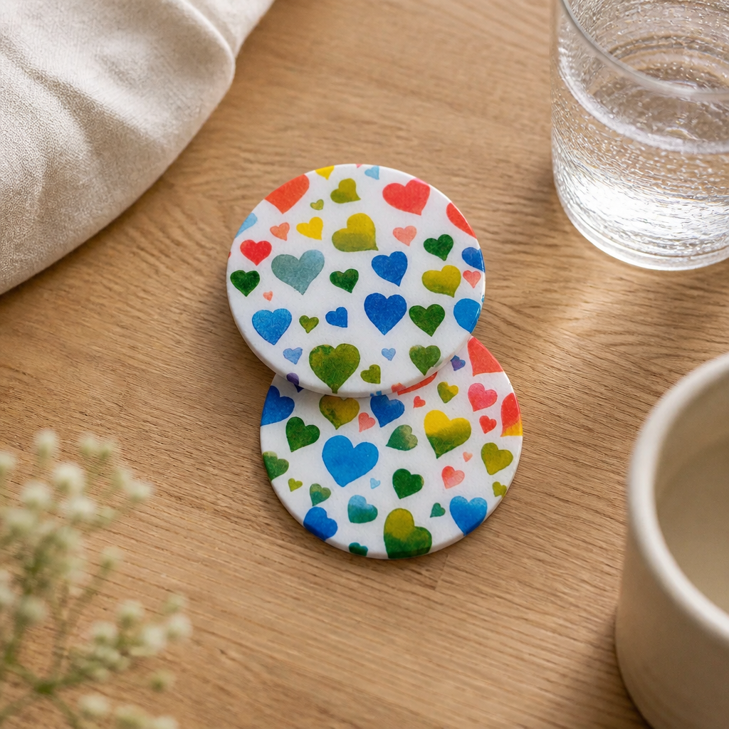 Multicolored hearts resin coasters