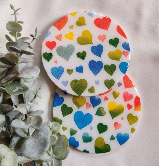 Multicolored hearts resin coasters